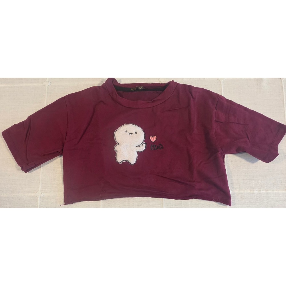 FYK Jennyfer Burgundy Crop Top Sweatshirt Cute Character Patch Maroon Medium